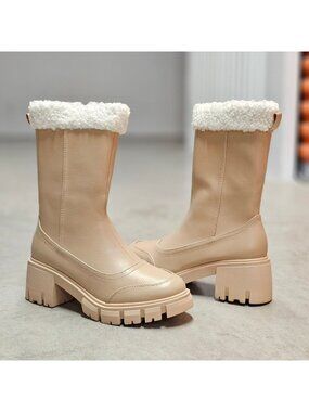 Chunky Nude Faux Leather Winter Boots With Faux Fur Lining & Block Heel